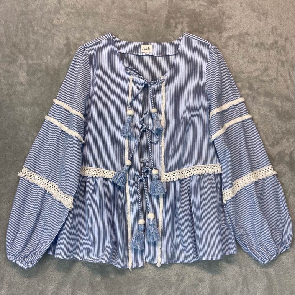 NWOT Striped Top Front Tie Peplum Long Sleeve Babydoll Summer Blouse Size M